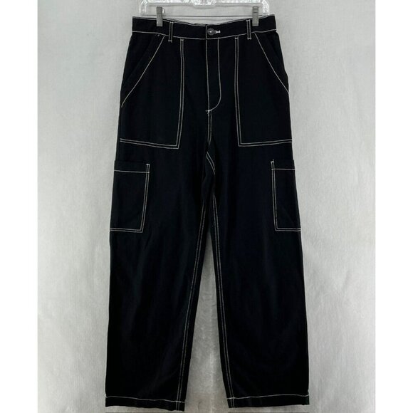 Divided H&M Pants Women's 10 Black Baggy Hi Rise Relaxed Utility Pockets Button - Picture 1 of 10
